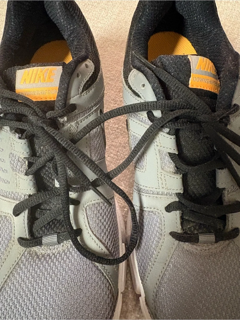 Nike Men’s Gray and Black DownShifter 5 Running Shoes with Orange Logo Size 9.5